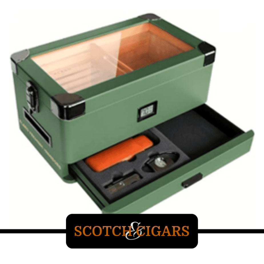 glass-top military style humidor with tray for cigar accessories