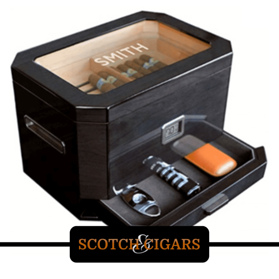 black glass-top humidor with last name engraved and a slide out tray for cigar cutter and lighter